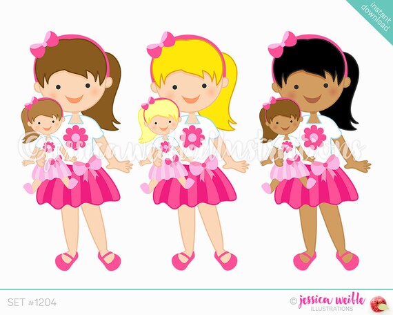 Pink Flower Dolly and Me Girl Cute Digital Clipart, Cute Girl Doll ...