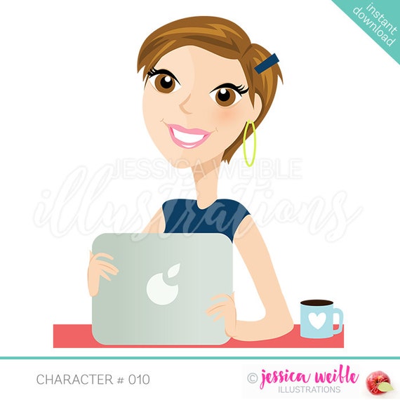 Instant Download Character Illustration, Short Pixie Hair, Woman with Laptop, Working Mom, mom entrepreneur, Girl Boss, Cartoon Woman #CI010 Il_570xn