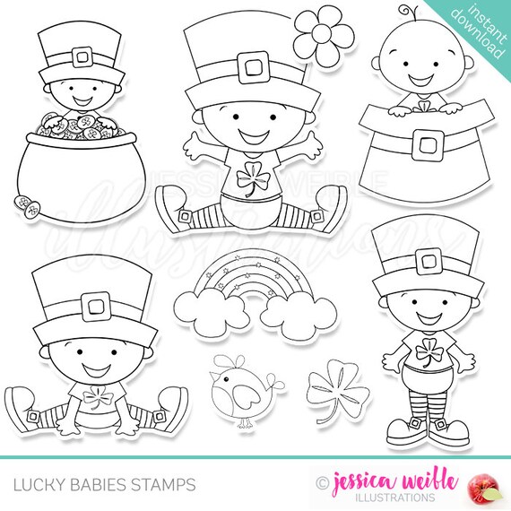 Lucky Babies Cute Digital Line Art Stamps, Black and White Line Art, Digital Stamps, St Patricks Day Il_570xn