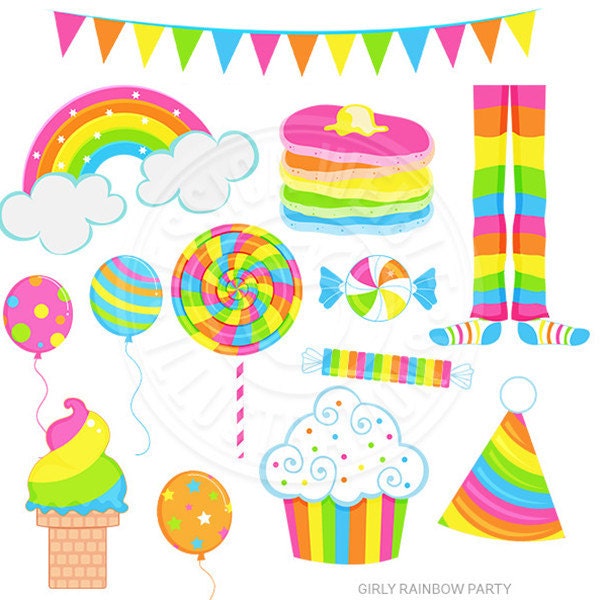 Girly Rainbow Party Cute Digital Clipart, Rainbow Clip art, Rainbow Graphics, Pajamas, Rainbow Cupcake, balloons, lollipop, candy, ice cream