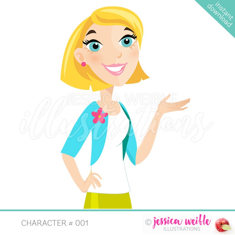 Instant Download Character Illustration - Blonde Short Bob Hair, Cute Gestu...