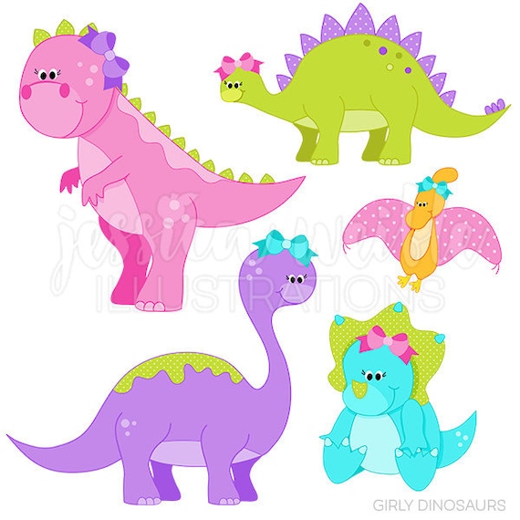 Girly Dinosaurs Cute Digital Clipart - Commercial Use OK - Dinosaurs with Bows, Dinosaur Graphics, Dinosaur Clipart Il_570xn