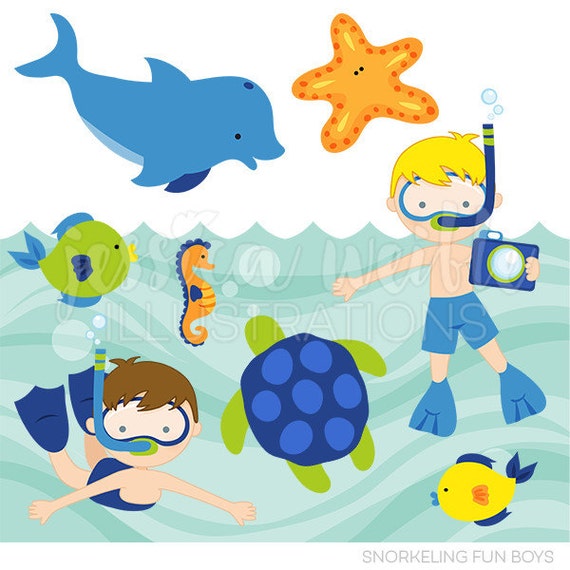Snorkeling Fun Boys Cute Digital Clipart, Commercial Use Clip art, Summer Swimming Clipart, Ocean Life, Underwater, Fish, Dolphin Il_570xn