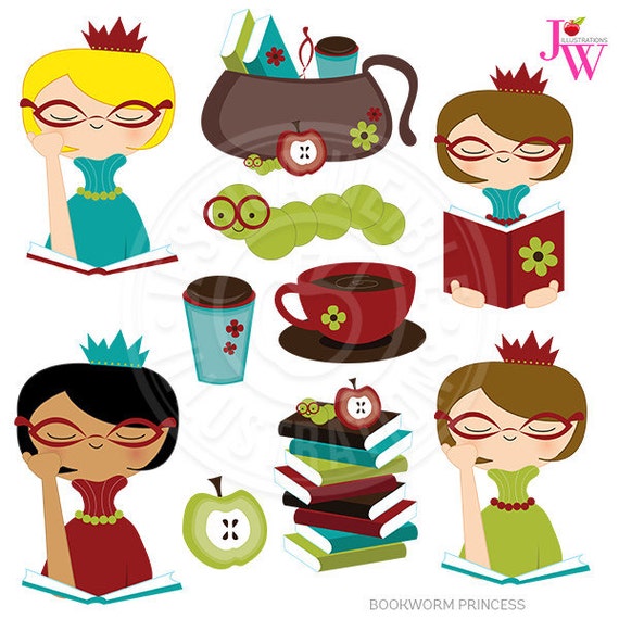 Bookworm Princess Cute Digital Clipart, Reading Clip Art, Books, Study, Coffee Graphics, Reading Girl, Teacher Clipart, Apple, Library Il_570xn