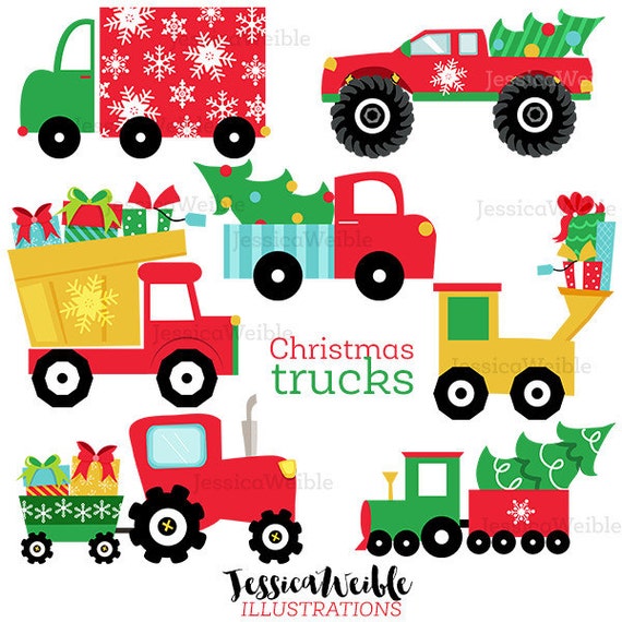 Christmas Trucks Cute Digital Clipart - Commercial Use OK - Christmas Truck Clip art, Christmas Graphics, Tree in Truck, Gifts in Truck Il_570xn