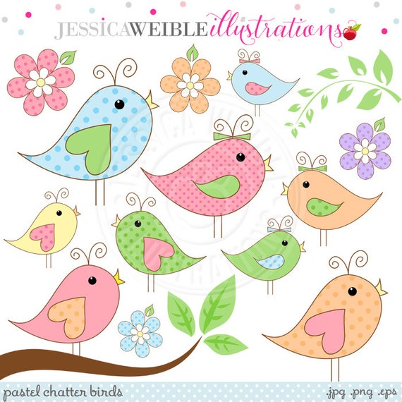 Pastel Chatter Birds Cute Digital Clipart - Commercial Use OK - Pretty Bird Clipart, Spring Bird Graphics Il_570xn