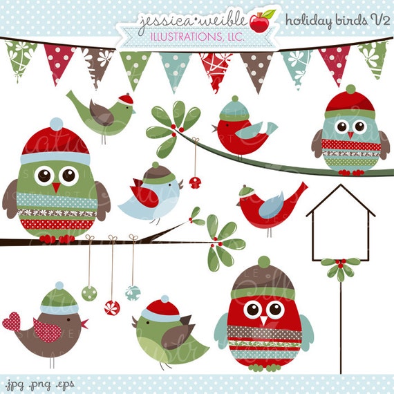 Holiday Birds V2 Cute Christmas Digital Clipart - Commercial Use OK - Christmas Birds, Winter Birds, Christmas Owl Clipart, Winter Owls Il_570xn