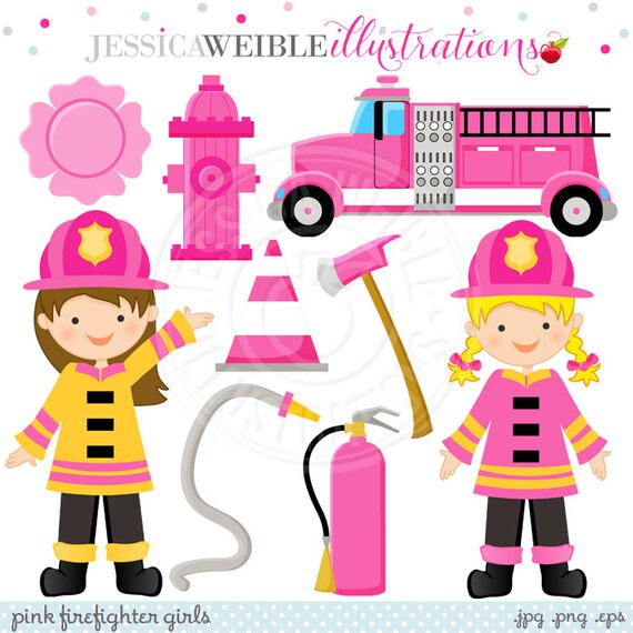 Pink Firefighter Girls Cute Digital Clipart - Commercial Use OK - Pink Firetruck Clipart, Firefighter Clipart, Girl Firefighters Il_570xn