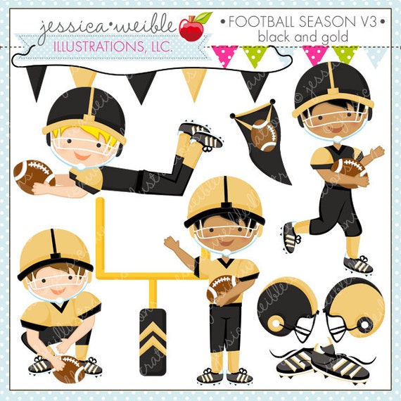 Football Season V3 - Black & Gold - Cute Digital Clipart - Commercial Use OK - Football Clipart - Football Graphics - Cute Football Clipart Il_570xn