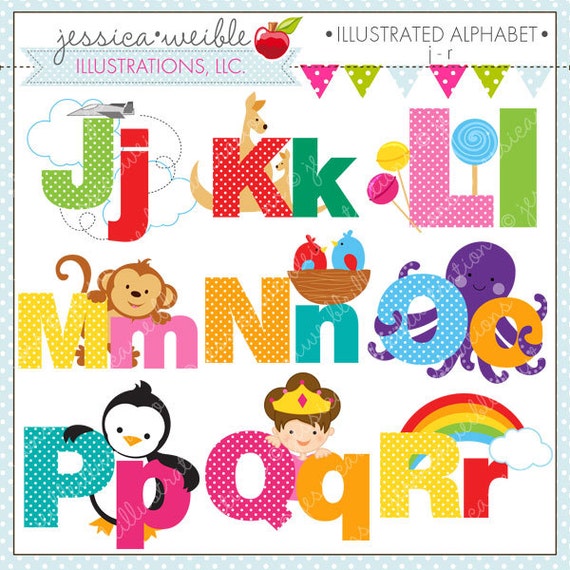 Illustrated Alphabet J - R Cute Digital Clipart for Commercial or Personal Use, Alphabet Clipart, Alphabet Graphics Il_570xn