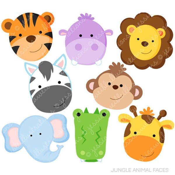 Jungle Animal Faces Cute Digital Clipart - Commercial Use OK - Jungle…