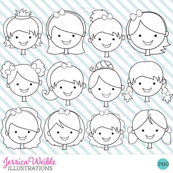 Girl Faces Digital Stamps - Create a Character - Girl Hairstyles, Girl Digital Stamps, Black and White Line Art Il_570xn