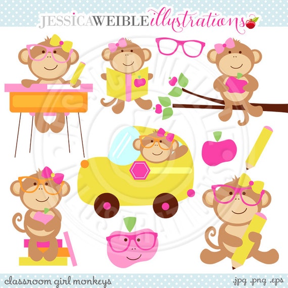 Classroom Girl Monkeys Cute Digital Clipart Commercial Use Etsy