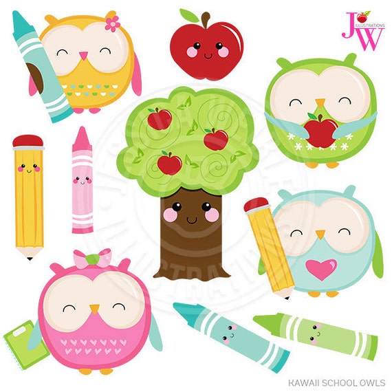 Kawaii School Owls Cute Digital Clipart, Cute Owl Clipart, Owl Clip Art, Scrapbook owls, Kawaii graphics, Cute School Clipart, School Owl Il_570xn
