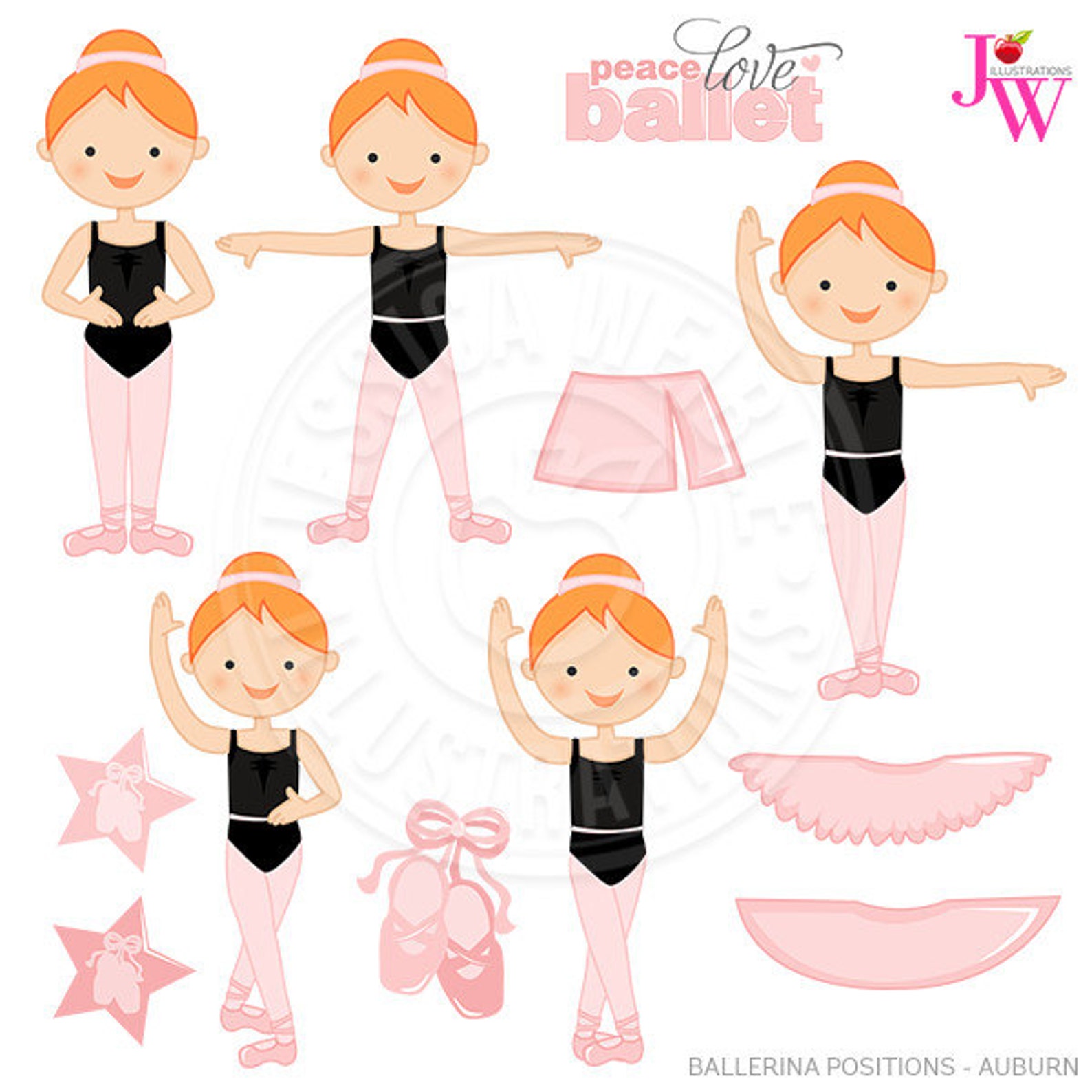 auburn ballerina positions cute digital clipart, ballerina clip art, ballet graphics, ballet positions, instant download, ballet