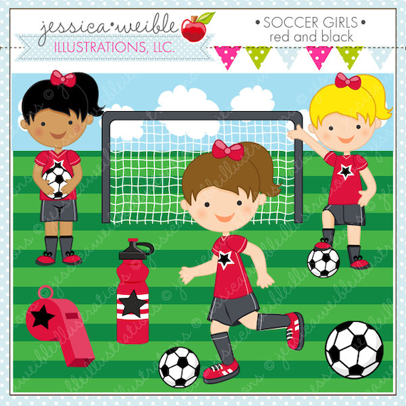 Soccer Girls RED - Cute Digital Clipart for Commercial and Personal Use, Soccer Clipart, Soccer Graphics Il_570xn