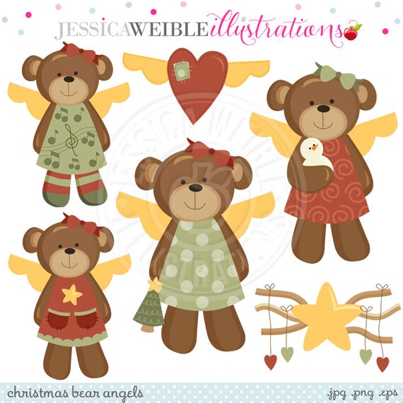 Christmas Bear Angels Digital Clipart - Commercial Use OK - Christmas Bear Graphics, Angel Bear Clipart Il_570xn