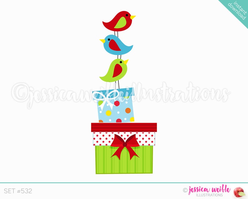 Cute Digital Clipart #532 Christmas Birds Gifts Illustration Instant Download Stacked Christmas Birds Clip Art Christmas Birds Clip art