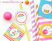 Girly Rainbow Bowling Theme - Printable Birthday Party Tags, Pink Bowling Party Printable Cupcake Toppers