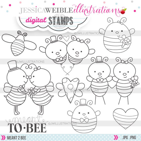 Meant 2 Bee Cute Digital Stamps for Commercial or Personal Use, Bee Wedding Digital Stamp, Bridal Bee Graphics, Meant to Bee Line Art Il_570xn