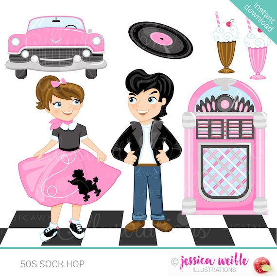 50s Sock Hop Cute Digital Clipart for Commercial or Personal Use, Retro Clipart, 50s Clipart, Poodle Skirt, Drive In Graphics Il_570xn