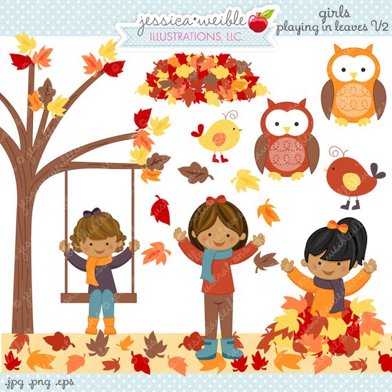 Girls Playing in Leaves V2 Cute Digital Clipart - Commercial Use OK - Autumn Clipart, Autumn Girls Graphics, Autumn Leaves, Digital Art Il_570xn
