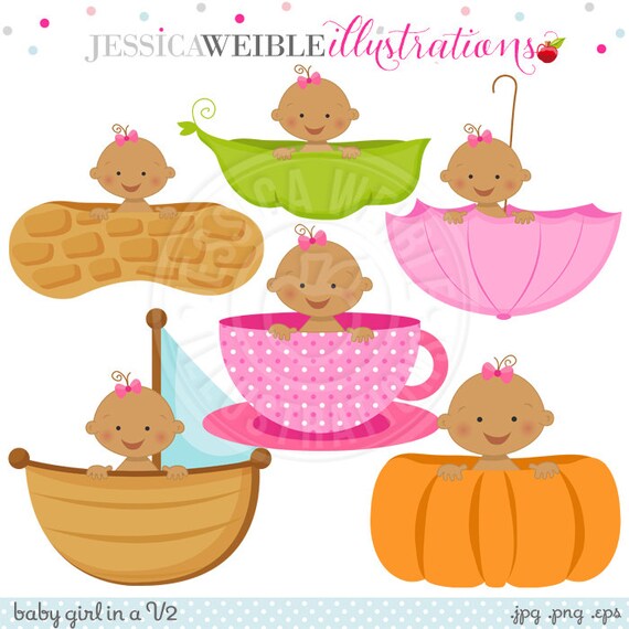 Girl Baby in A V2 - Dark Skin - Cute Digital Clipart for Card Design, Scrapbooking, and Web Design, Peapod Baby, Pumpkin Baby Il_570xn