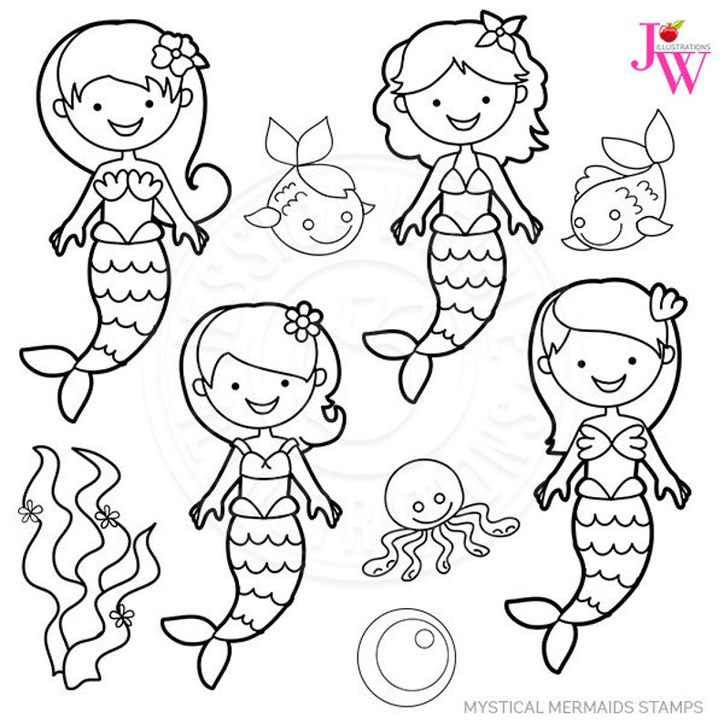 Mystical Mermaids Cute Digital Stamps Mermaid Clip art | Etsy