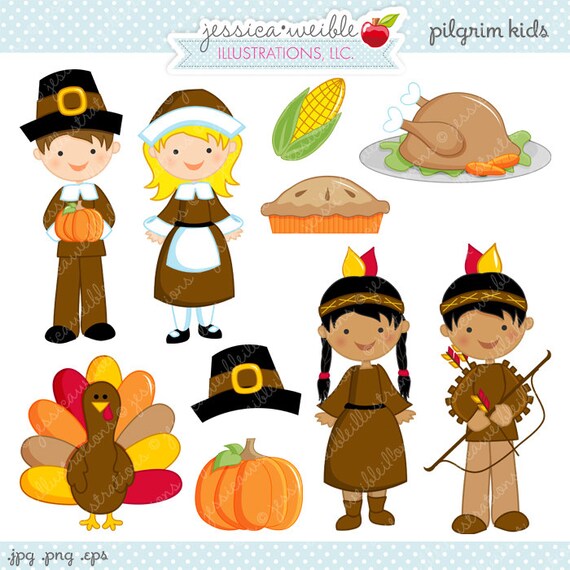 Pilgrim Kids Cute Digital Clipart - Commercial Use OK - Pilgrim Cilpart, Pilgrim Graphics, Thanksgiving Clipart Il_570xn