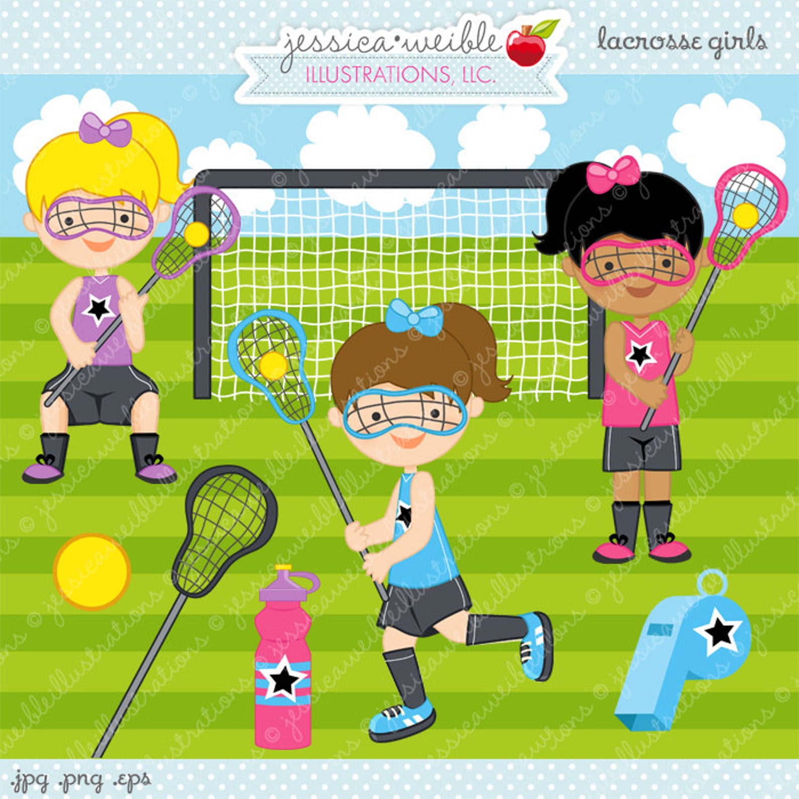 Lacrosse Girls Cute Digital Clipart for Commercial and Etsy
