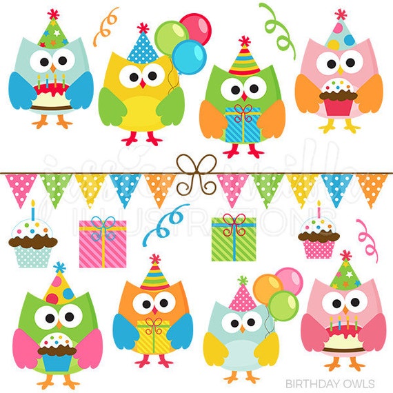 Birthday Owls Cute Digital Clipart Commercial Use Clip Art Etsy