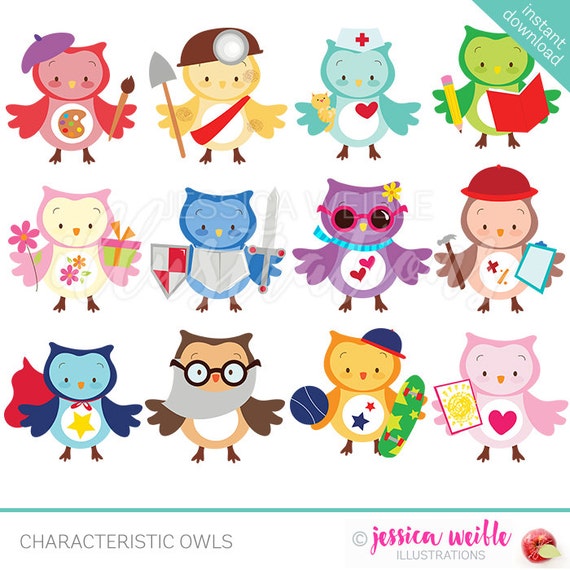 Characteristic Owls Cute Digital Clipart - Commercial Use OK -Emotion Owls, Owl Clipart, Owl Graphics, Cute Owls, Digital Art, Occupation Il_570xn