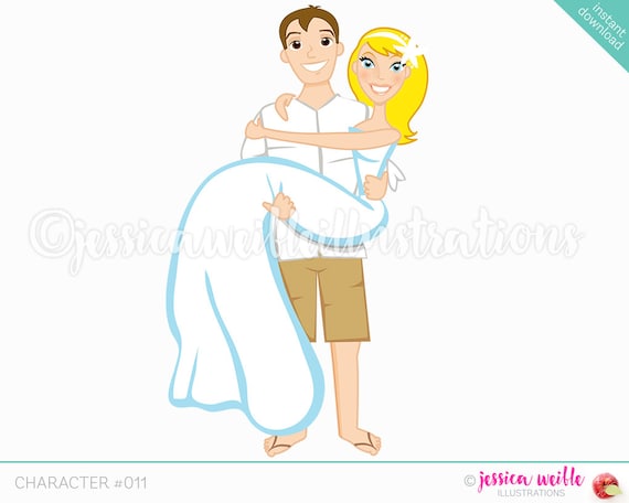 Beach Groom Carrying Bride Character Illustration Brunette