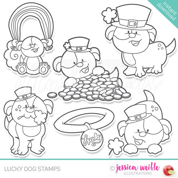 Lucky Dog Cute Digital Line Art Stamps, Black and White Line Art, Digital Stamps, St Patricks Day Cute Dogs Il_570xn