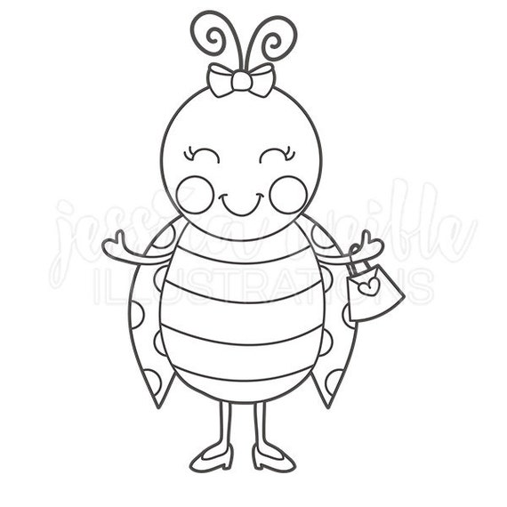Sweet Lady Bug Girl Cute Digital Stamp for Commercial or Personal Use, Ladybug Digital Stamp, Ladybug Graphics, Ladybug Line Art Il_570xn