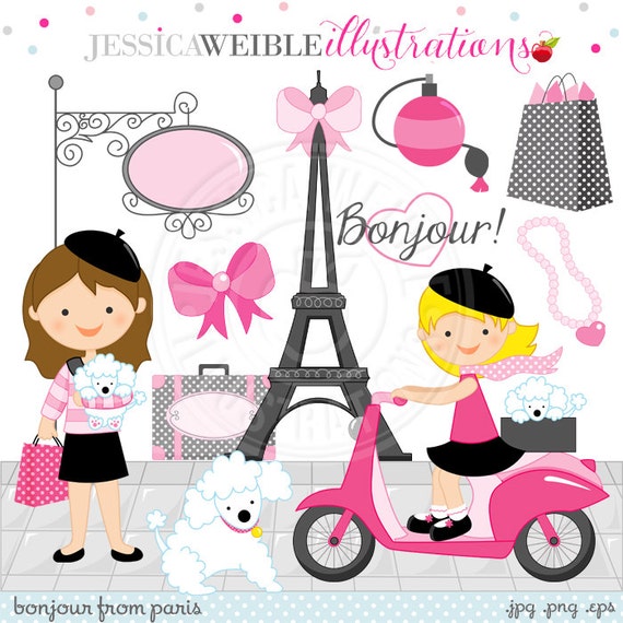 Bonjour From Paris Cute Digital Clipart - Commercial Use Ok - Paris Clipart, Eiffel Tower clipart, Moped, Poodle Clipart Il_570xn