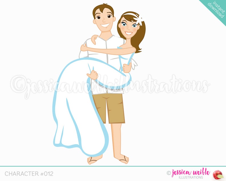 Beach Groom Carrying Bride Character Illustration Brunette Etsy