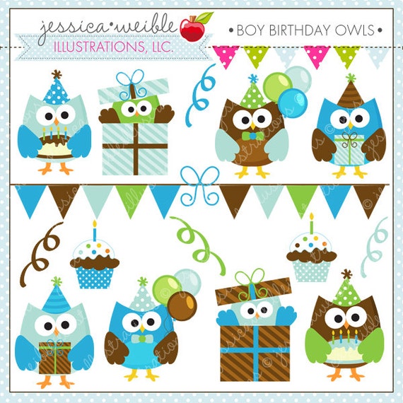 Boy Birthday Owls - Cute Digital Clipart for Commercial and Personal Use, Blue Boy Owl Clipart, Birthday Boy Graphics Il_570xn