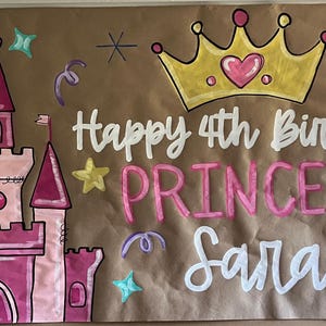 Princess Castle Birthday Banner, Hand painted, Kraft paper, girly