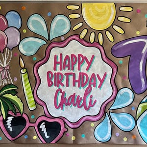 Striscione di compleanno, dipinto a mano, carta kraft, femminile, estivo, festa in piscina, scivolo, nuoto