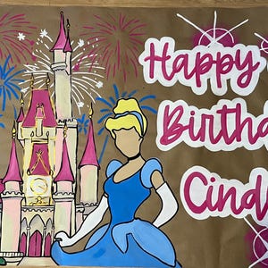 Handpainted Kraft paper banner, Disney inspired Birthday, Princess, Castle