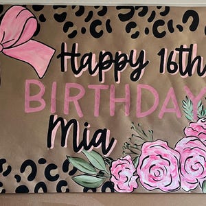 Carta Kraft dipinta a mano, striscione di compleanno, fiocco, decorazioni femminili e floreali