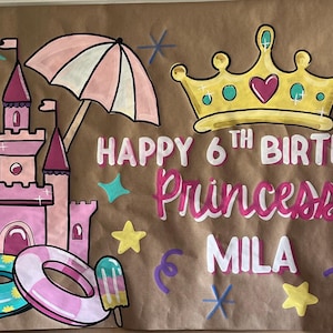 Princess Castle Birthday Banner, Hand painted, Kraft paper, girly,summer,pool party
