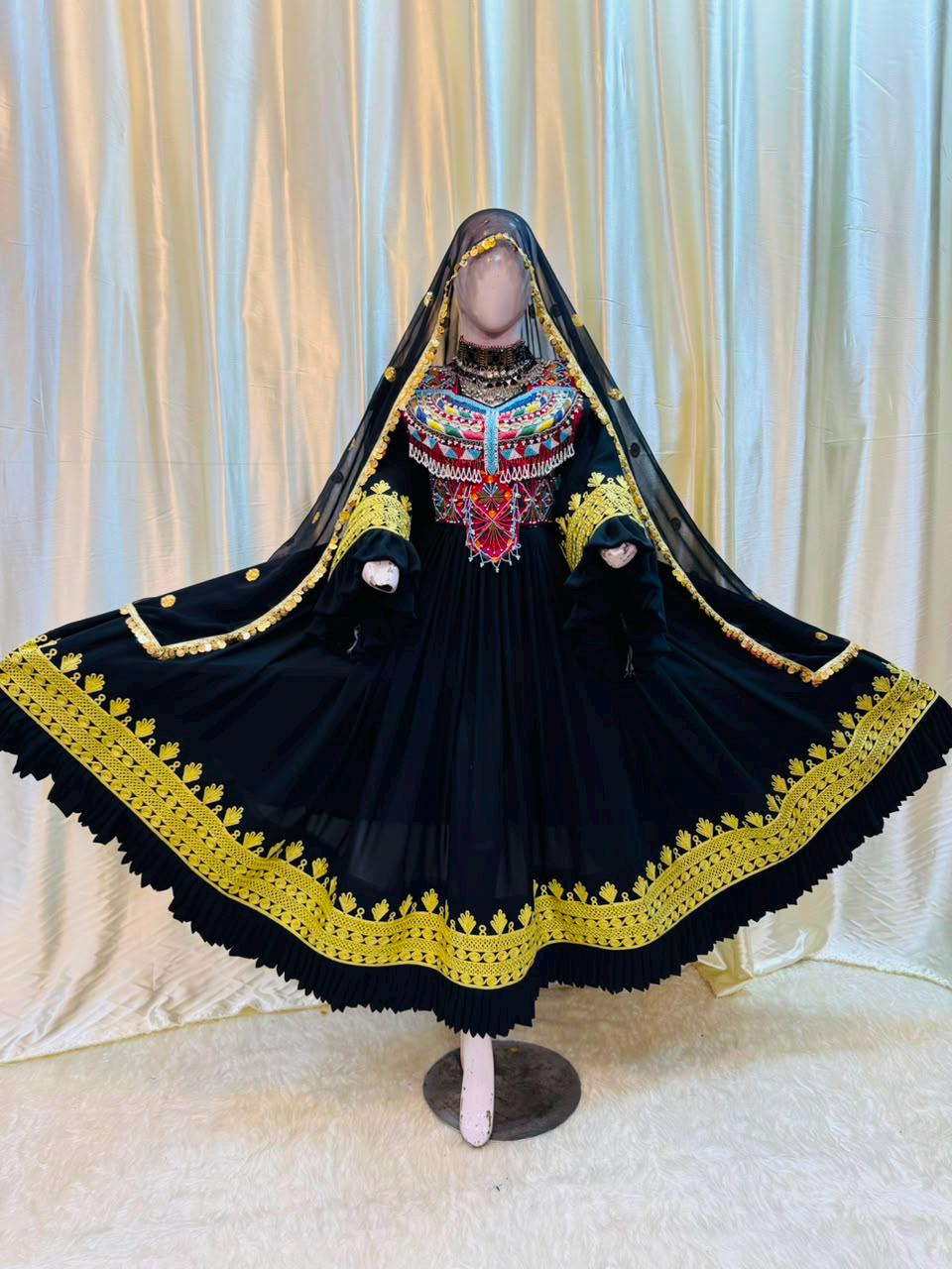 Handmade Afghan Kuchi Dress | Black Gold Embroidery Wide Sleeves Dupatta