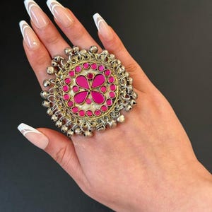 Afghan Kuchi Statement Ring: Pink Glass, Bells, Silver Alloy