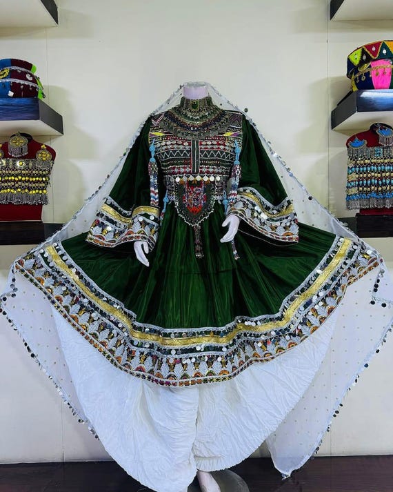 luxury custom embroidered dress designs Afghan Kuchi Dress Zari Embroidered Bakhmal Velvet Dress with Beads