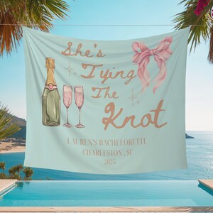 She&#39;s Tying The Knot Welcome Sign, Custom Tying The Knot Bridal Shower Banner, Coquette Bachelorette Decor, Bow Theme Bridal Party Backdrop