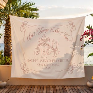She&#39;s Tying The Knot Welcome Sign, Custom Tying The Knot Bridal Shower Banner, Coquette Bachelorette Decor, Bow Theme Bridal Party Backdrop