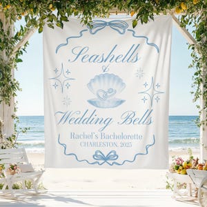 Seashells and Wedding Bells Bachelorette Banner Custom Coastal Bridal Shower Backdrop Beach Bachelorette Decor Coastal Bach Welcome Sign