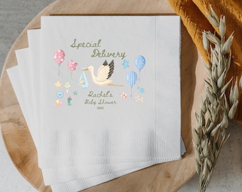 Stork Baby Shower Cocktail Napkins, Gender Neutral Stork Baby Shower Decor, Special Delivery Baby Shower, Personalized Boy Baby Napkins